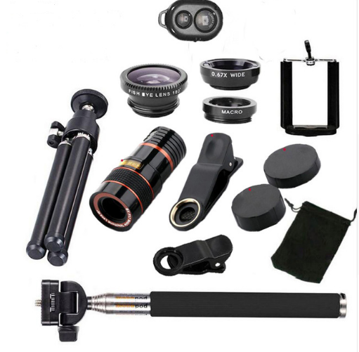 12X Telephoto Mobile Lens Kit: Wide Angle, Macro, Fisheye, Selfie Stick