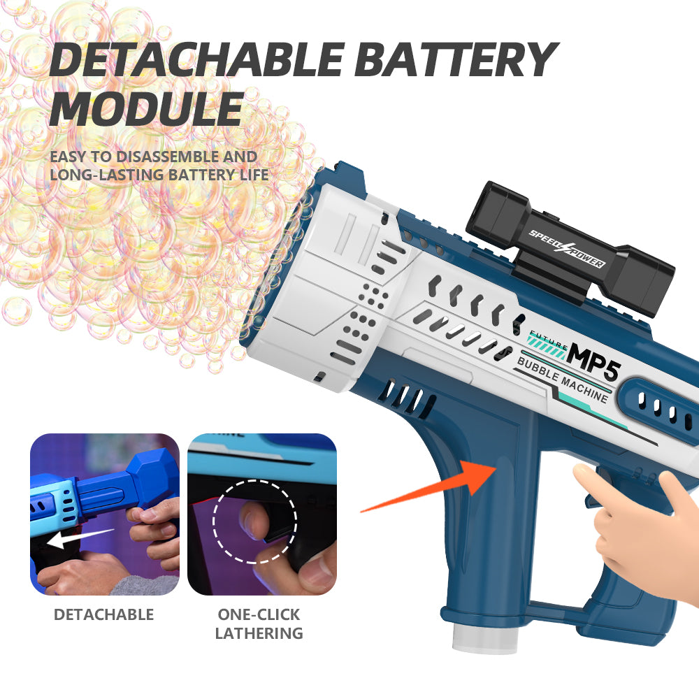 Electric Space Bubble Gun with 57 Holes, Automatic MP5 Gatling Handheld Bubble Toy, LED Lights Included