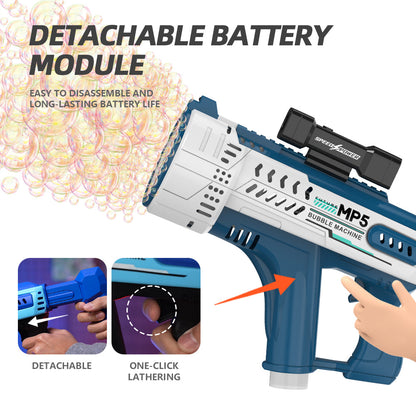 Electric Space Bubble Gun with 57 Holes, Automatic MP5 Gatling Handheld Bubble Toy, LED Lights Included