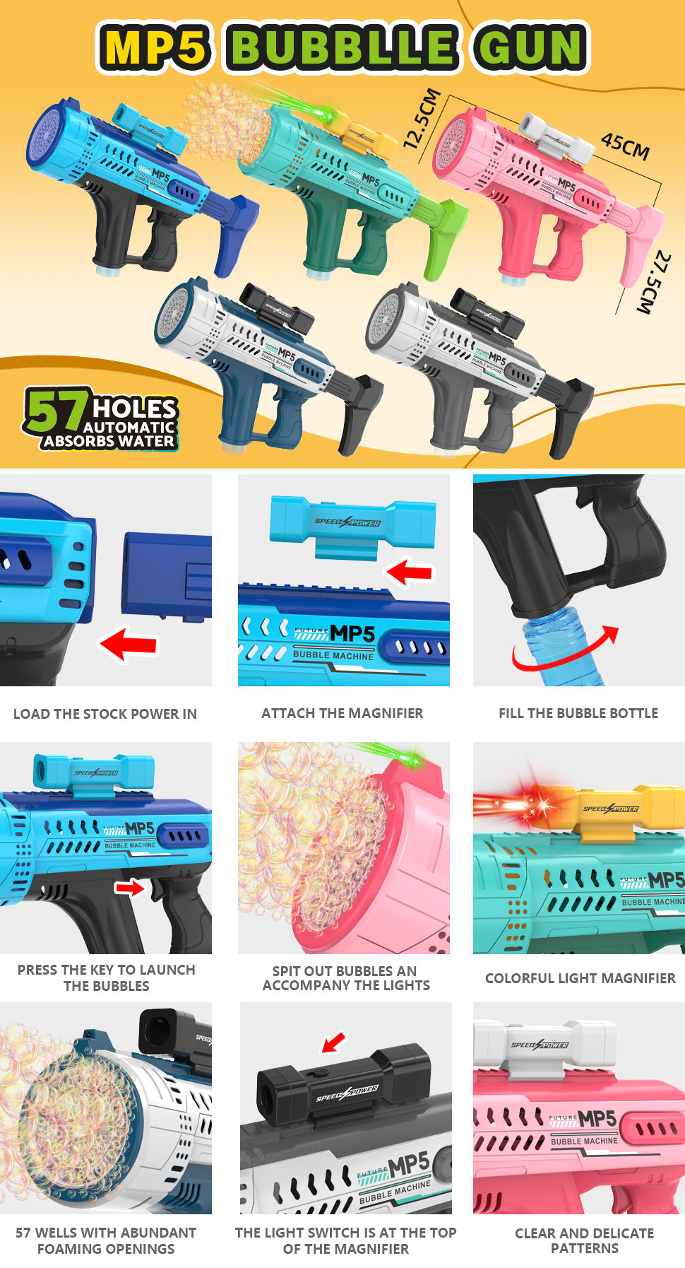 Electric Space Bubble Gun with 57 Holes, Automatic MP5 Gatling Handheld Bubble Toy, LED Lights Included