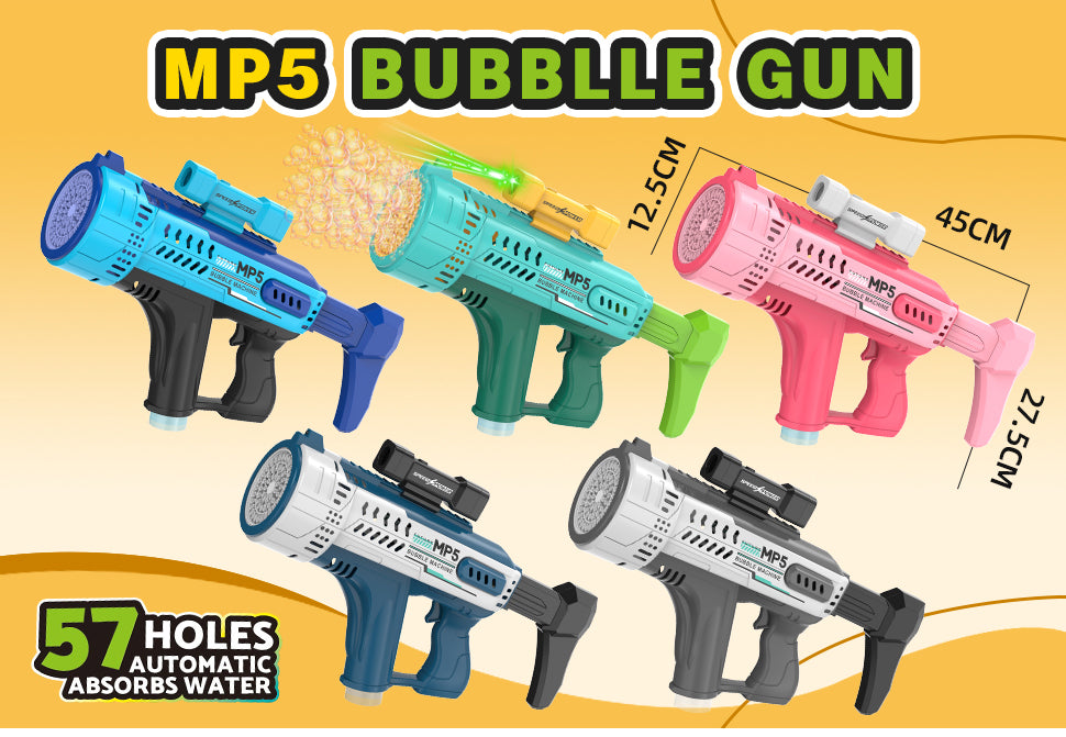 Electric Space Bubble Gun with 57 Holes, Automatic MP5 Gatling Handheld Bubble Toy, LED Lights Included