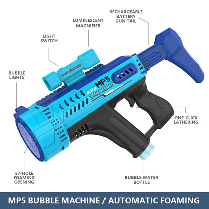 Electric Space Bubble Gun with 57 Holes, Automatic MP5 Gatling Handheld Bubble Toy, LED Lights Included