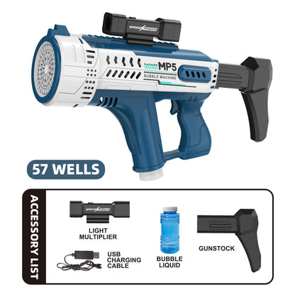 Electric Space Bubble Gun with 57 Holes, Automatic MP5 Gatling Handheld Bubble Toy, LED Lights Included