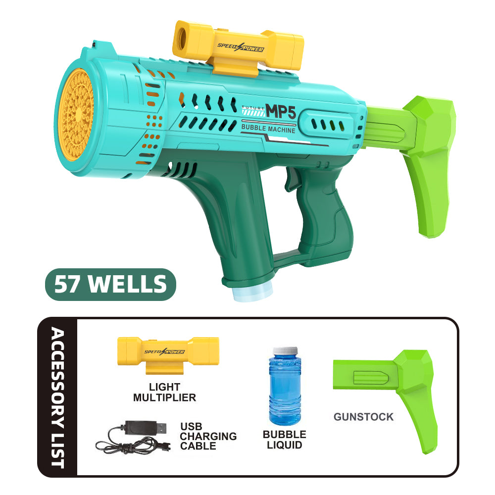 Electric Space Bubble Gun with 57 Holes, Automatic MP5 Gatling Handheld Bubble Toy, LED Lights Included