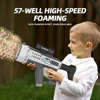 Electric Space Bubble Gun with 57 Holes, Automatic MP5 Gatling Handheld Bubble Toy, LED Lights Included