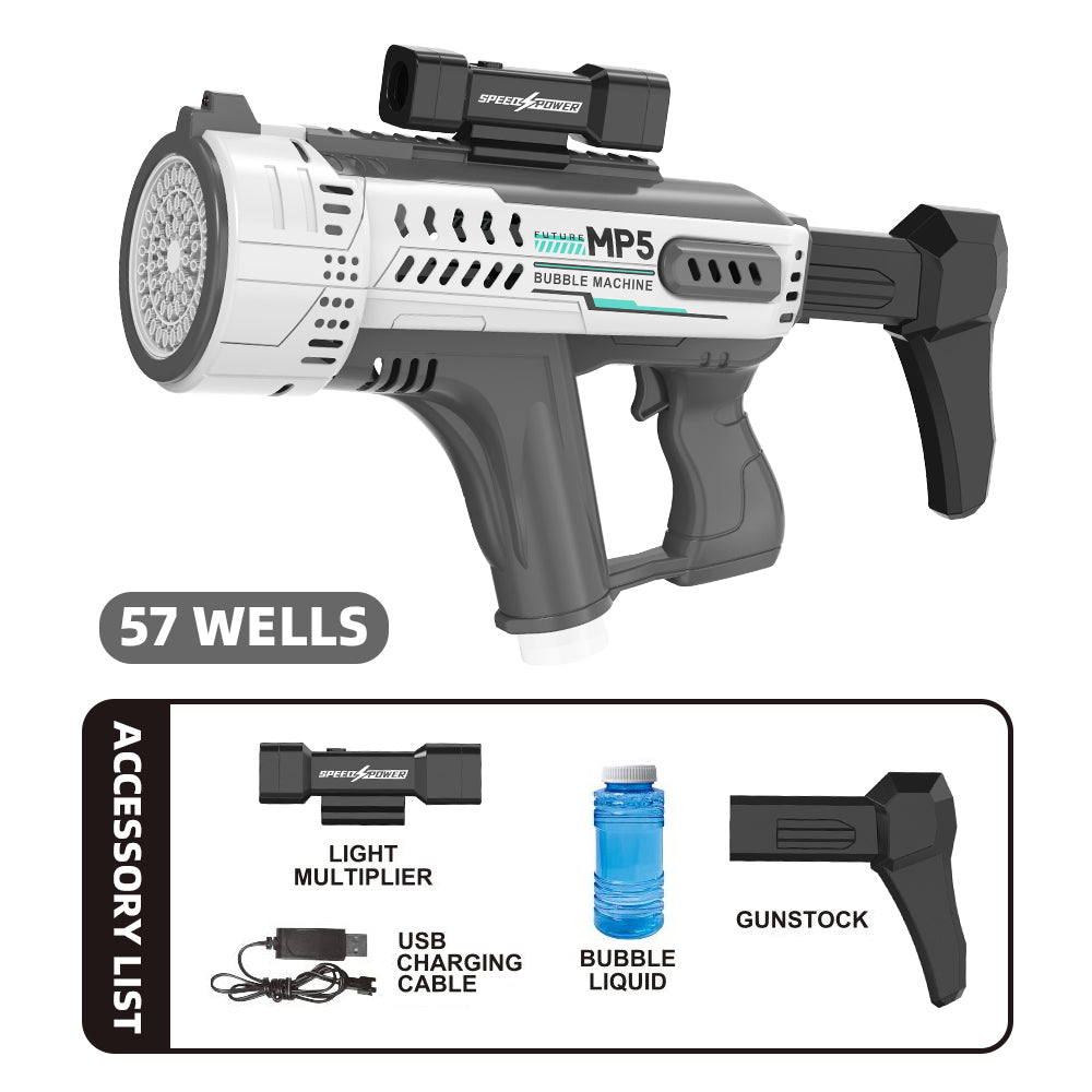 Electric Space Bubble Gun with 57 Holes, Automatic MP5 Gatling Handheld Bubble Toy, LED Lights Included