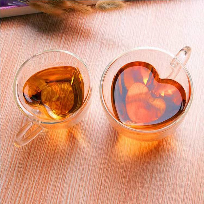 Heart-Shaped Double Wall Glass Mug Set for Coffee, Tea