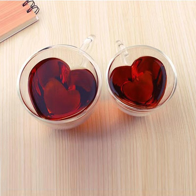 Heart-Shaped Double Wall Glass Mug Set for Coffee, Tea