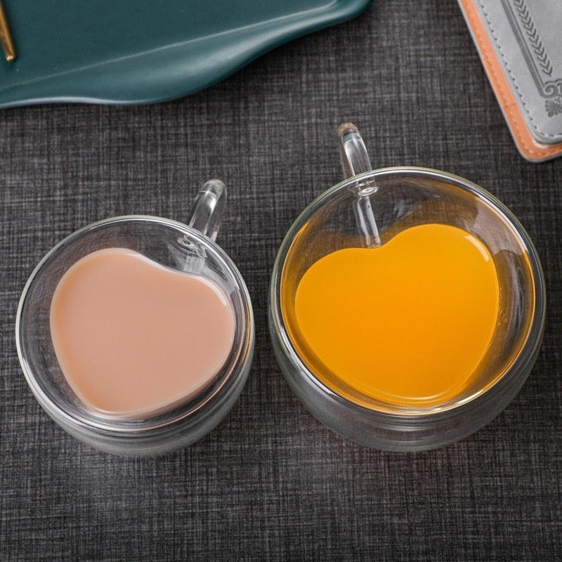 Heart-Shaped Double Wall Glass Mug Set for Coffee, Tea