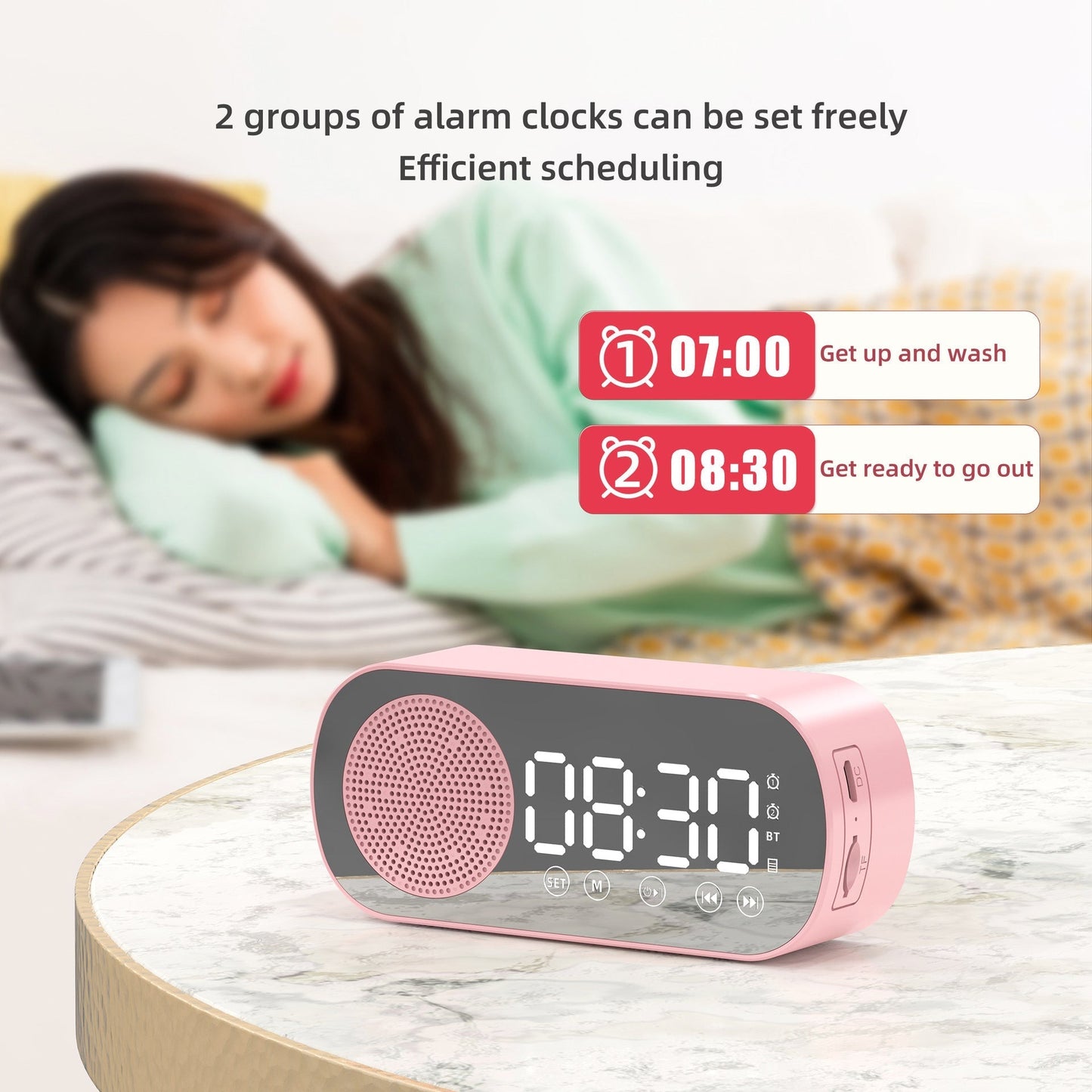 BT Music Alarm Clocks Mirror FM Radio LED Digital Clock 2 Alarm